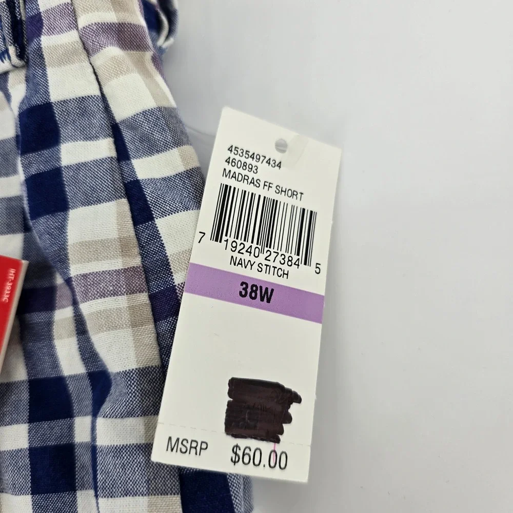 IZOD Madras Shorts Mens Luxury Sport Plaid Flat Front Navy Tan 38W MSRP $60 NEW